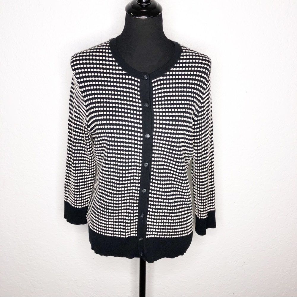 Ann Taylor black white polka dot geometric button front cardigan size Large